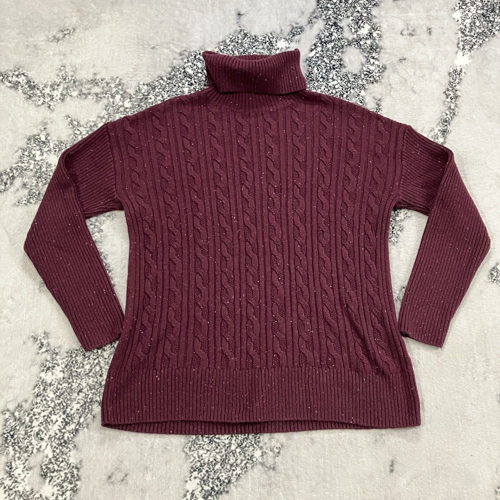 Talbots Cable Knit Turtleneck Sweater Womens Size Large Burgundy Long Sleeve